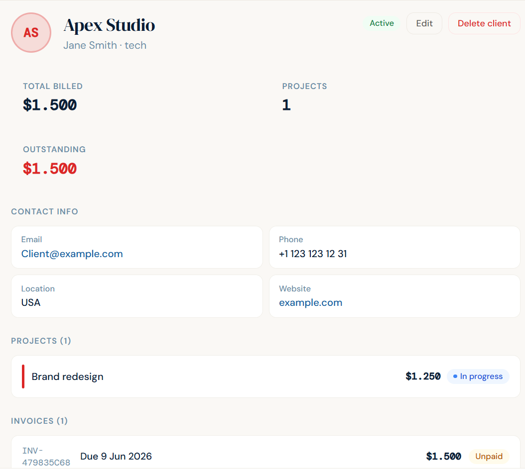 Clients view in FreelanceStack
