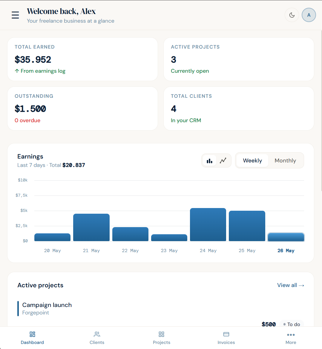 Earnings dashboard in FreelanceStack