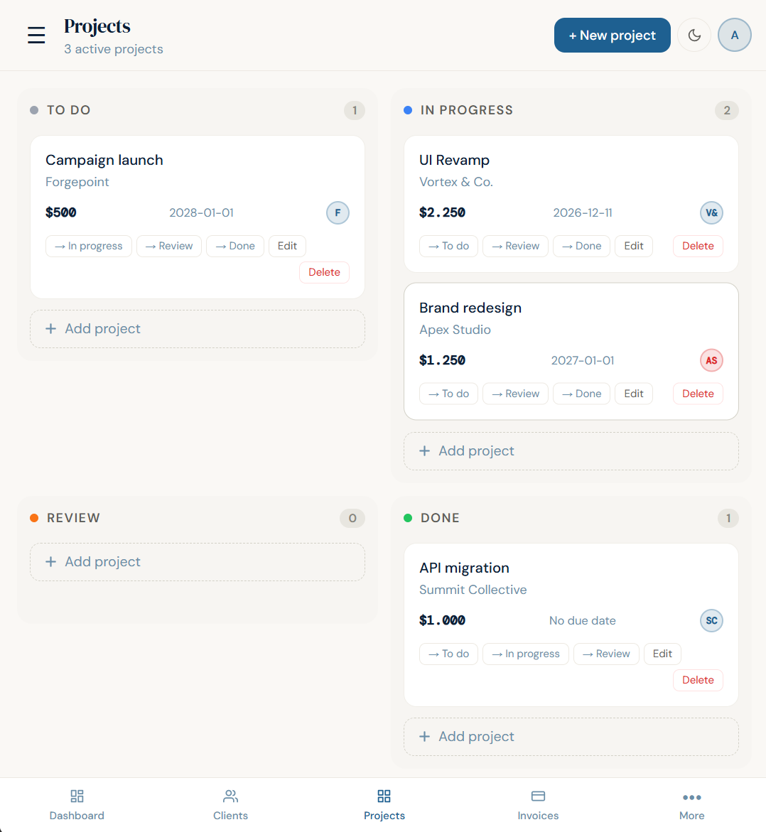 Projects kanban in FreelanceStack